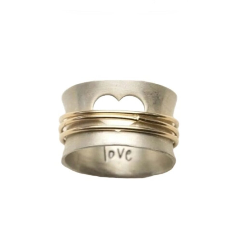Vintage Boho Style Two Tone Love Cutout Heart Copper Wire Wrapped Band Ring
